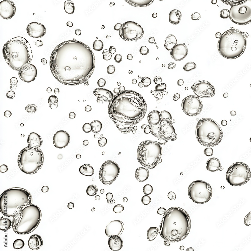 Poster captivating close up of transparent water bubbles floating gracefully against a pristine white backd