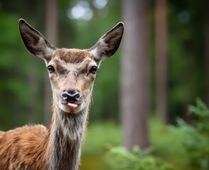 Fototapeta premium Close-up portrait of a deer with its tongue sticking out, photographed in a forest.