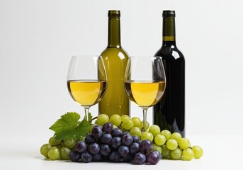 Still life featuring two wine bottles, two glasses of wine, and a bunch of green and purple grapes