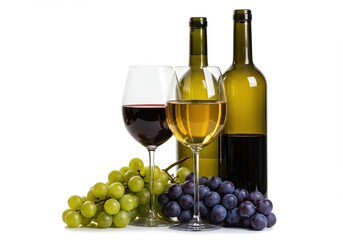 Still life featuring wine bottles, glasses of wine, and bunches of green and purple grapes on white