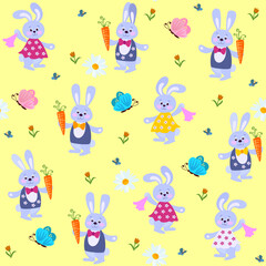 Obraz premium Seamless Easter pattern with cute bunnies, fluttering butterflies, carrots and flowers on a light yellow background. Baby fabric print.