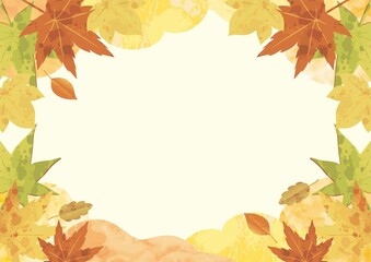 秋　もみじ　紅葉　葉　水彩　風景　フレーム　背景　デザイン　壁紙　テンプレート　イラスト素材