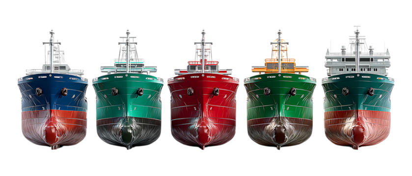Pack of Cargo Ships Front View Against Transparent Background for Maritime Branding, Logistics Promotion, or Industrial Design Projects