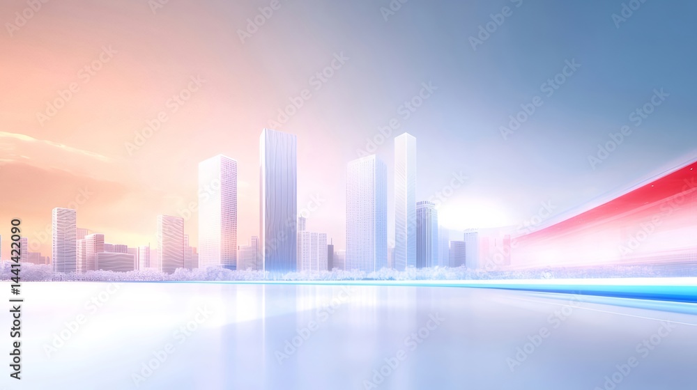 Poster 未来都市のパノラマビュー 現代的建築群の青と白の光景 光輝く空と未来的な都市景観