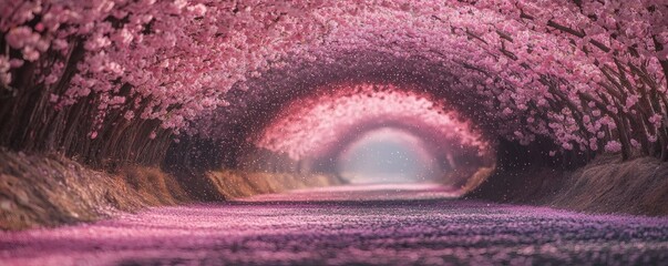 Pink blossom tunnel pathway in a magical forest.
