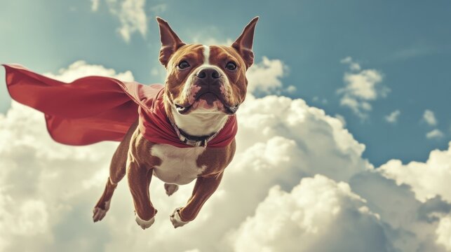 Adorable dog wearing a cape, flying through the sky.