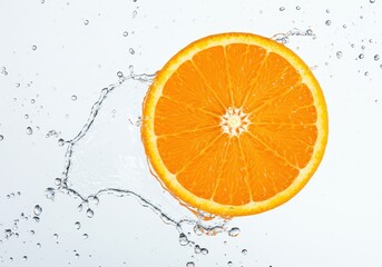 Close up of a vibrant orange slice with water droplets against a bright white background image view