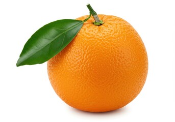 A single orange with a green leaf attached to the top lying on a white surface in a studio shot