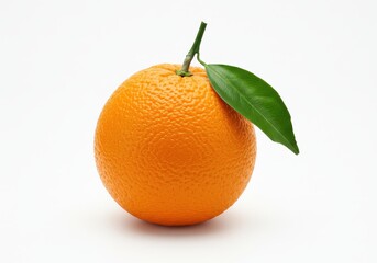 A single orange with a stem and leaf on a white background in a close up studio shot image view