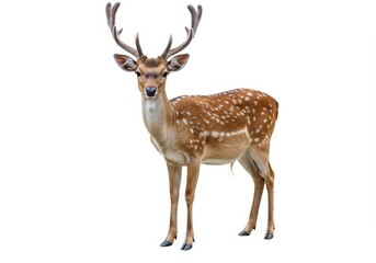 Fototapeta premium A full body shot of a deer with antlers standing on a white background looking at the camera view