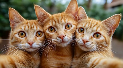 Three ginger kittens posing closely together