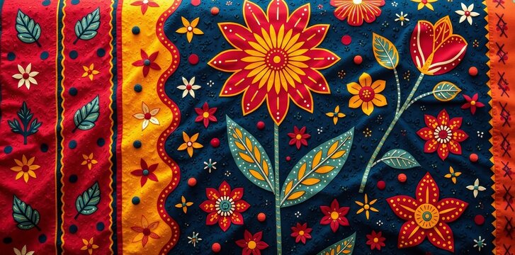 Bright and vibrant cloth patchwork illustration with cultural patterns, Patchwork, Tribal, Vector Graphic