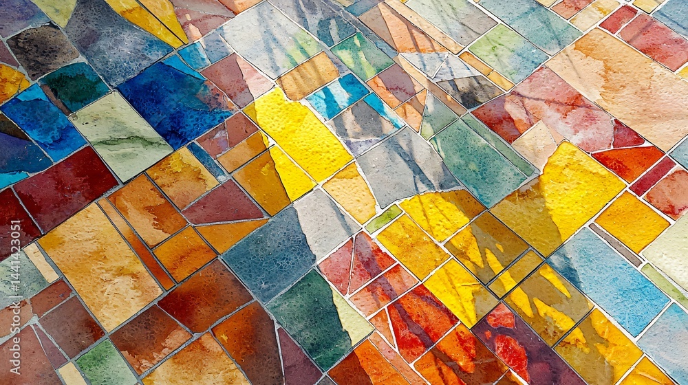 Poster vibrant and colorful tiled wall displaying a playful abstract mosaic design full of bright energetic