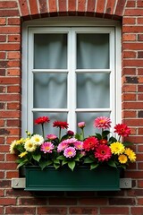Bright assortment of blooming flowers in window box against brick wall backdrop, brick wall, bright, backdrop