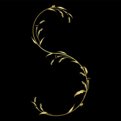Fototapeta premium Capital letter S with floral motifs. Botanical alphabet with herbs and wildflowers. Blooming branches of Polygonum plant. Knotweed or Smartweed flower. Golden glossy silhouette on black background.