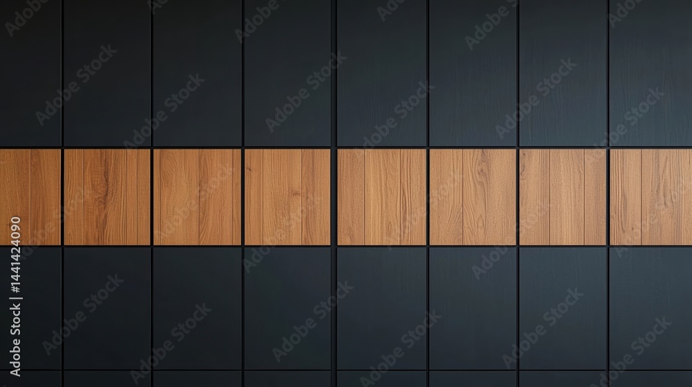 Poster a modern wall pattern featuring alternating dark panels and a horizontal row of light wooden squares