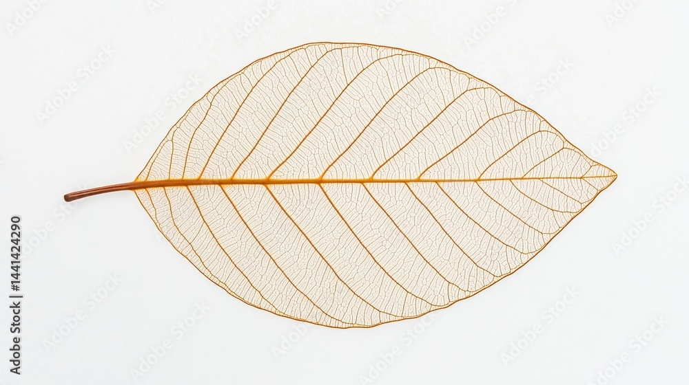 Poster a delicate skeleton leaf showing intricate vein patterns on a white background.