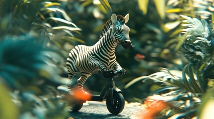 Zebra on scooter in jungle