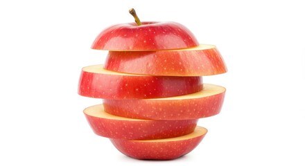 A close up view of a sliced red apple stacked on top of each other on a white background surface