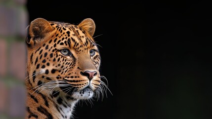 Obraz premium A leopard with striking spots gazes into the distance against a dark background.