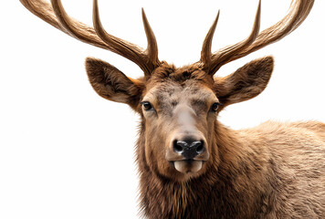 Close-up photograph of an elk with large antlers, against a white background, taken in a studio setting.