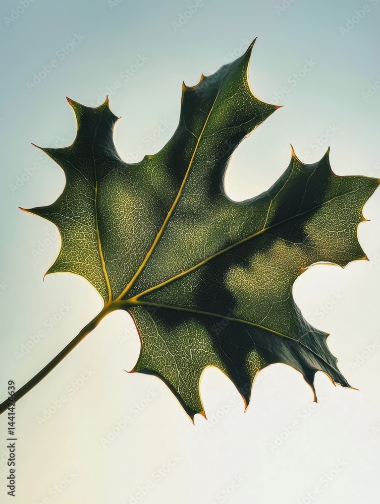Poster detailed close up of a holly leaf against a soft sky background capturing the intricate veins and un