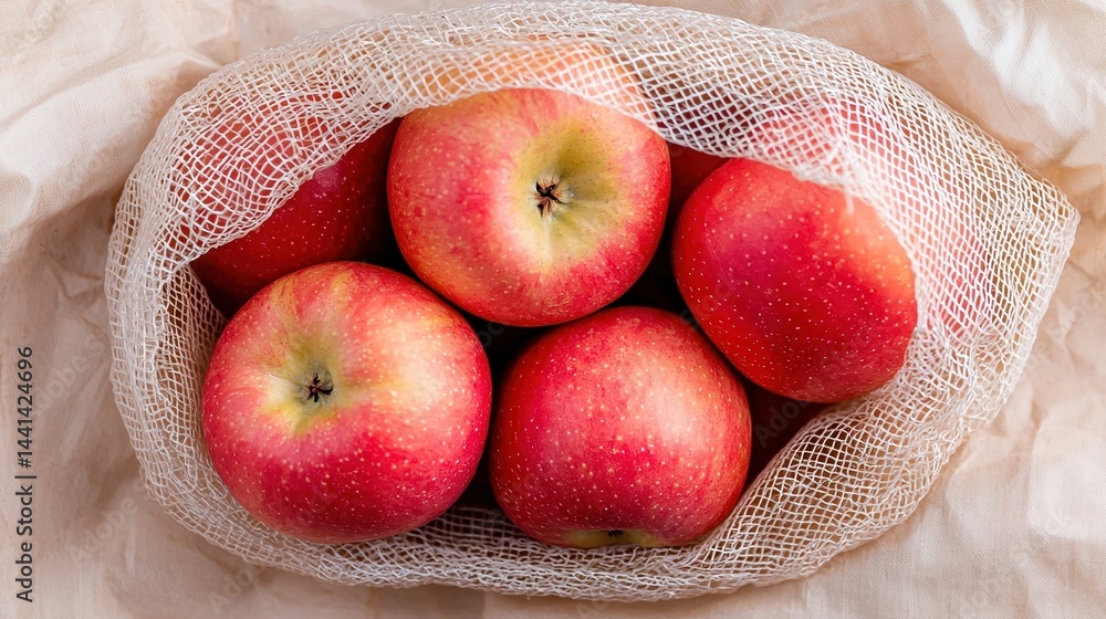 Poster fresh red apples in a reusable mesh bag, displayed on a light fabric background.