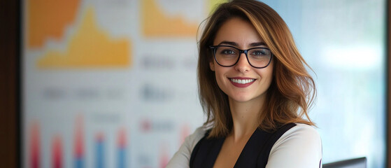 A confident woman in glasses poses in front of a colorful graph display, embodying success in the modern workplace.