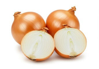 Fototapeta premium A group of onions featuring two whole onions and two halved onions on a white background surface