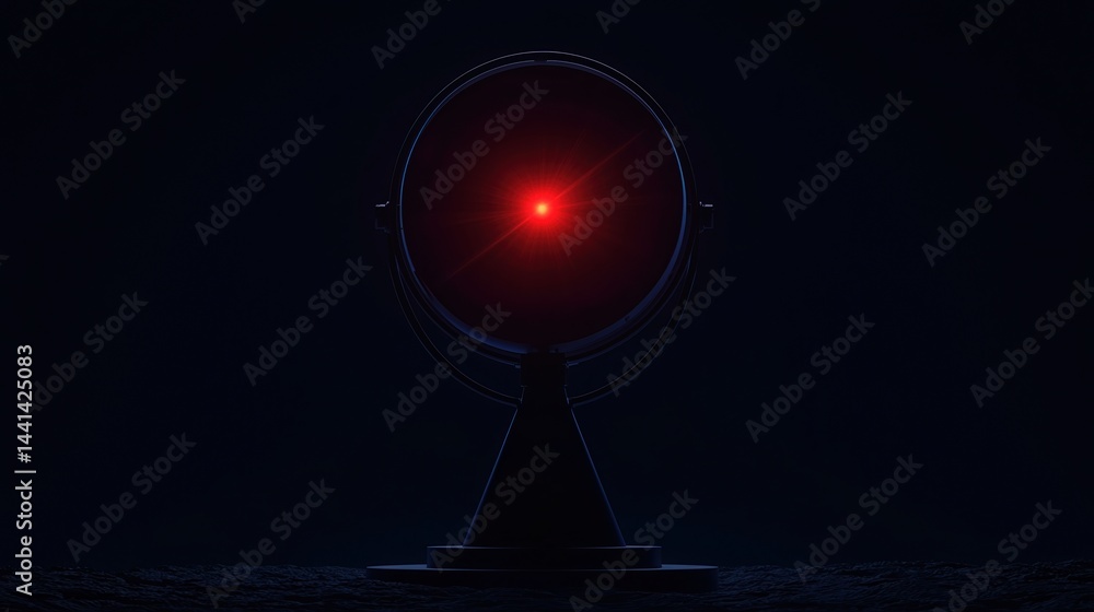 Poster a dark, futuristic device with a glowing red light in the center, resembling a high-tech camera or s