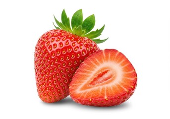 A whole strawberry and a half strawberry with green leaves isolated on a white background view