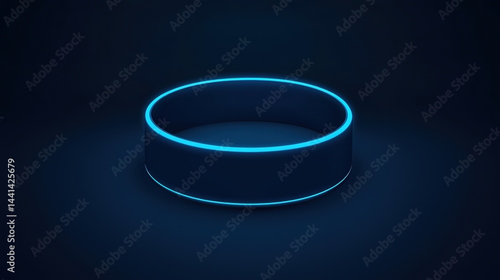 Poster a glowing neon blue ring floats on a dark background, creating a futuristic and minimalistic visual 