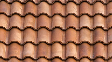 Close-up view of brown terracotta roof tiles arranged in a repetitive, wavy pattern.