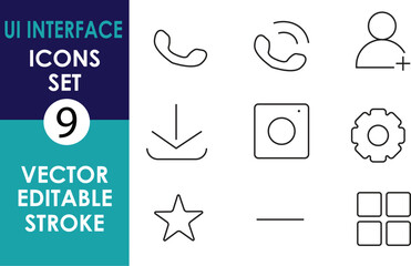 Vector UI icon set with phone, call, user add, download, camera, gear, star, minus, and grid. Clean black strokes on white background