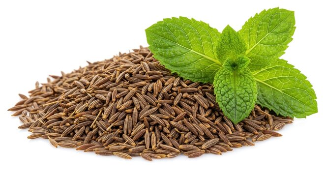 A pile of cumin seeds with a sprig of fresh mint leaves on top of the pile on a white background
