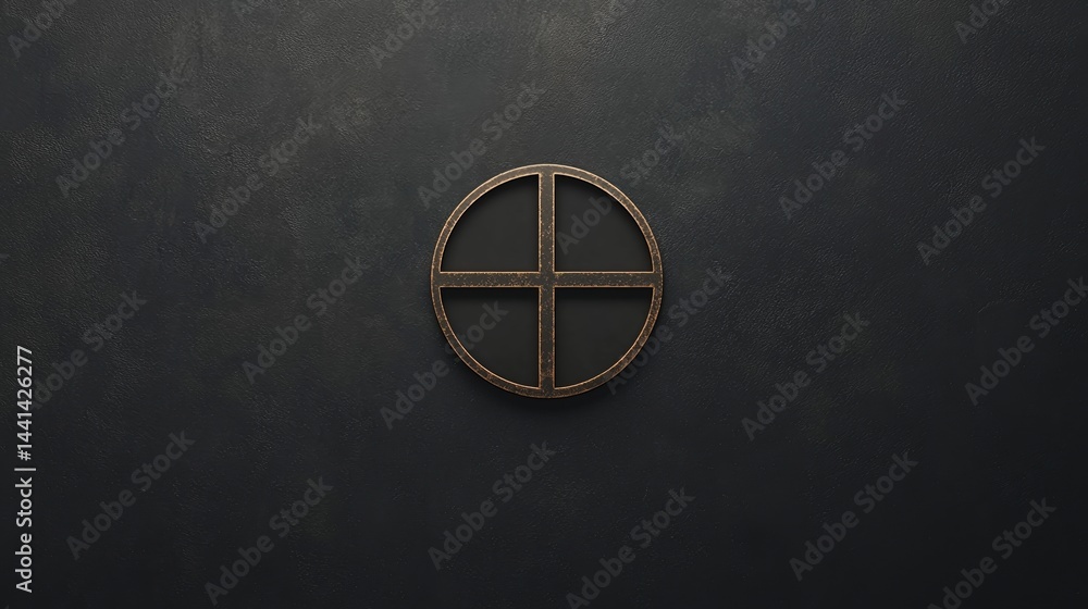 Poster a gold metallic circle with a cross divides a dark textured background, creating a minimalist geomet