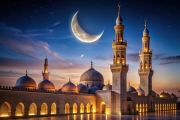 Serene Night at the Mosque Illuminated Domes and Minarets Under a Crescent Moon
