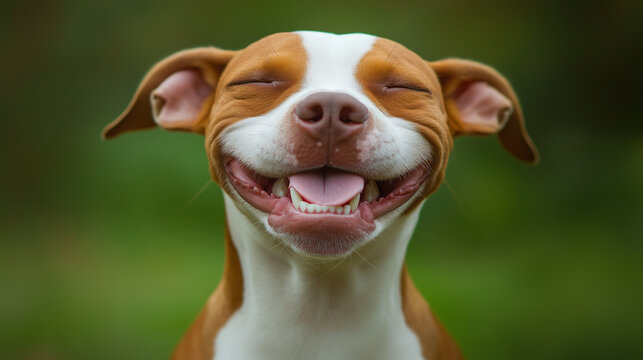 A smiling brown and white Pit Bull Terrier exudes happiness in a serene portrait. Pure joy and warmth captured in a moment.