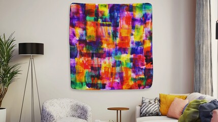 Eye-catching colorful abstract painting on a wall in a contemporary living space complementing the vibrant textile wall hanging and decor elements