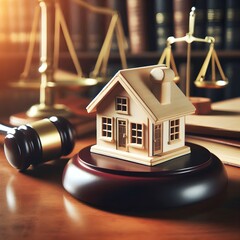 High-resolution commercial photo of gavel and small model home placed against blurred courtroom background, law and property rights branding image with warm tones