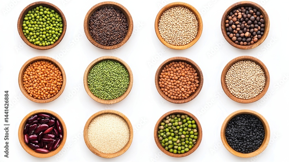 Poster twelve wooden bowls filled with various colorful beans and seeds are neatly arranged in a grid on a 