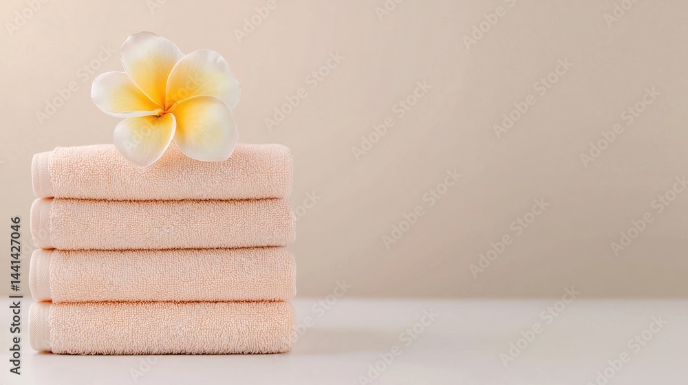 Poster four neatly folded towels stacked with a frangipani flower on top, creating a serene and spa-like at