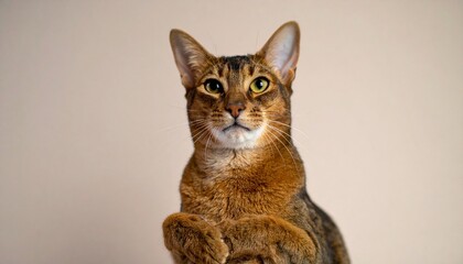 マットな背景に、アビシニアン猫が前足を揃えて座り、遠くを見つめるシーンのクローズアップ。筋肉質な体と丸い耳が特徴的

