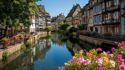 Naklejka premium Picturesque European canal lined with colorful buildings.