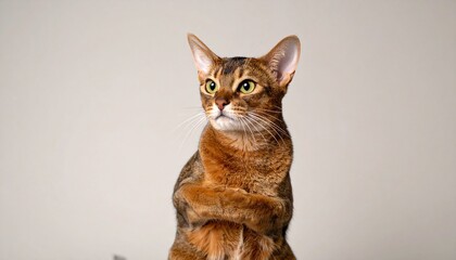 マットな背景に、アビシニアン猫が前足を揃えて座り、遠くを見つめるシーンのクローズアップ。筋肉質な体と丸い耳が特徴的


