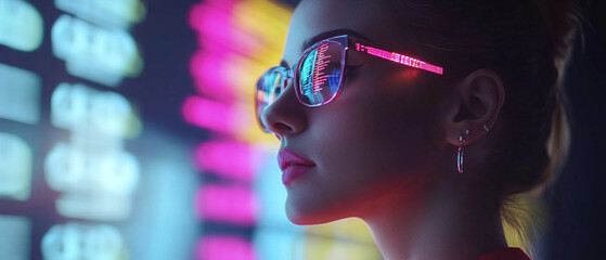 A stylish woman with colorful glasses gazes thoughtfully at vibrant neon lights, reflecting modern urban life.