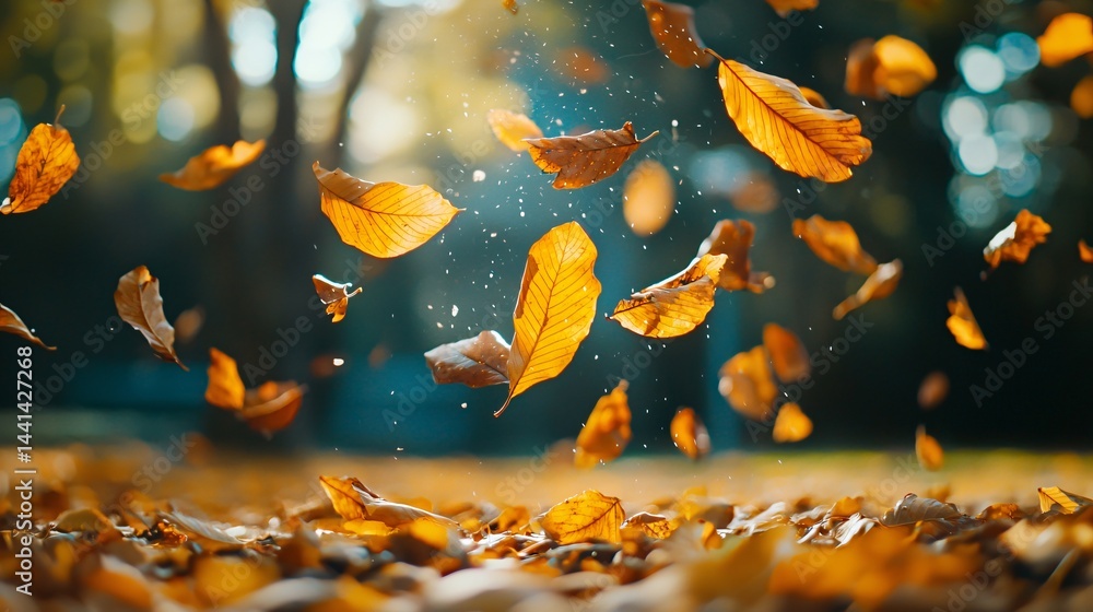 Poster a bunch of colorful autumn leaves falling gently from a tree creating a whimsical atmosphere in a sc
