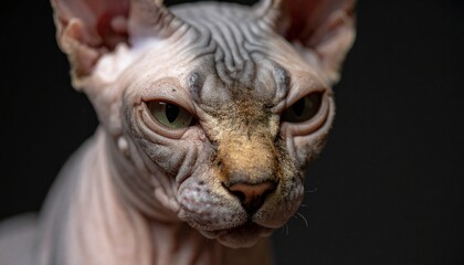 滑らかな肌とシャープな顔立ちを持つスフィンクス猫、黒のマット背景で静かに佇むエレガントな瞬間

