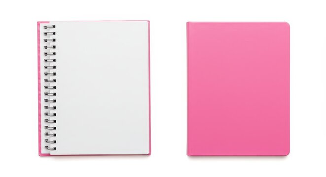 Two pink notebooks one open with blank pages and one closed on a white background in studio shot
