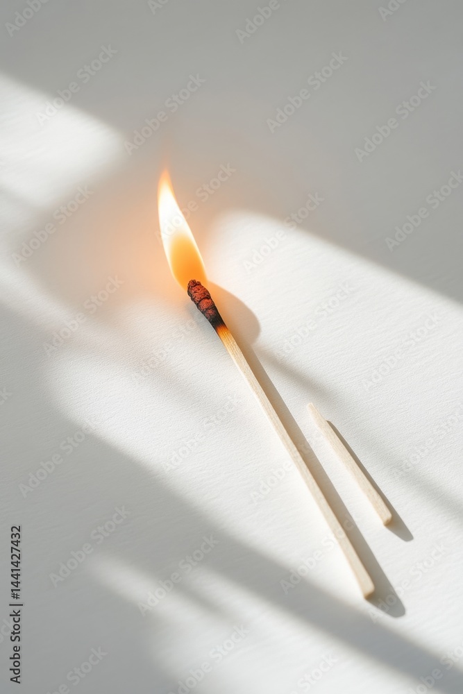 Poster burning matchstick casting shadow on white surface in bright sunlight creating warm and minimalist m